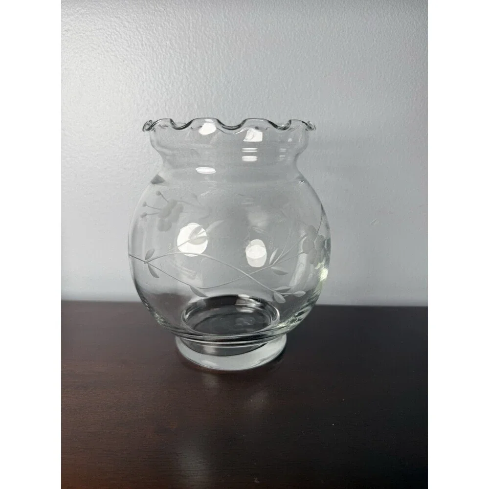Princess House Heritage Crystal Etched Ruffled Scalloped Rim Vase Vintage 5.5